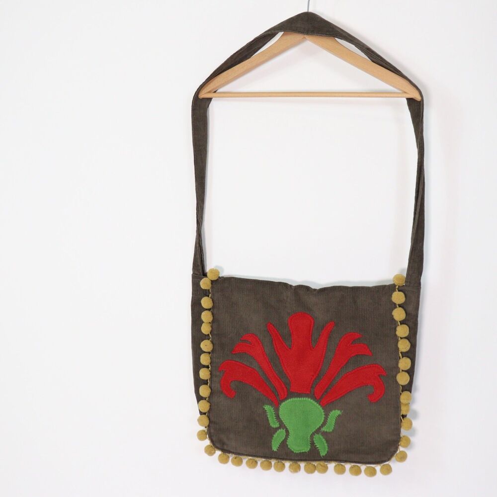 Corduroy and Felt Bohemian Pom Pom Passport Crossbody Bag